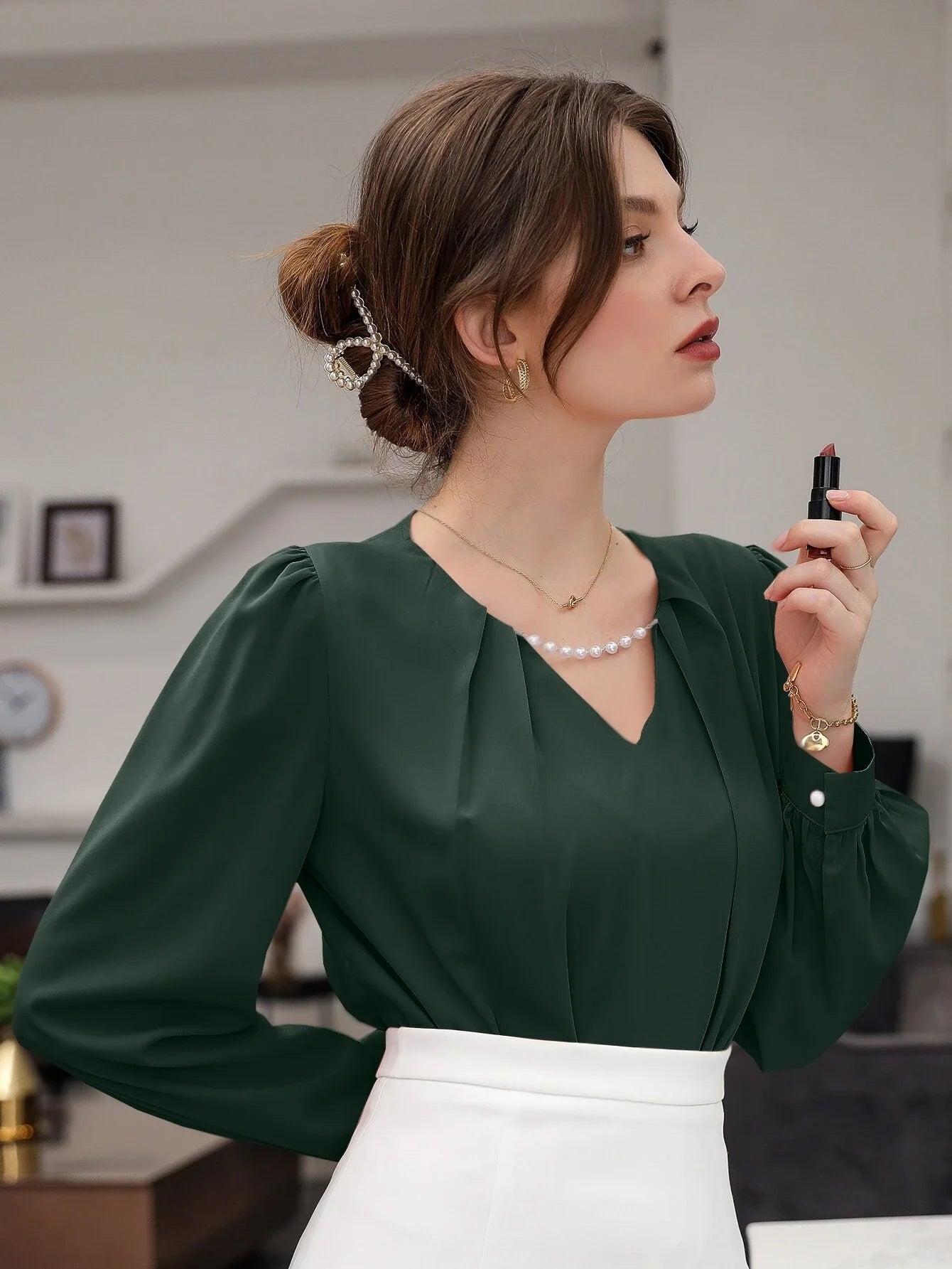 Buy SHEIN Puff Sleeve Solid Blouse in Pakistan