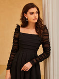 Buy SHEIN Dobby Mesh Panel Ruched Pleated Dress in Pakistan