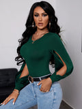 Buy SHEIN SXY Split Lantern Sleeve Ribbed Knit Slim Fit Bodysuit in Pakistan