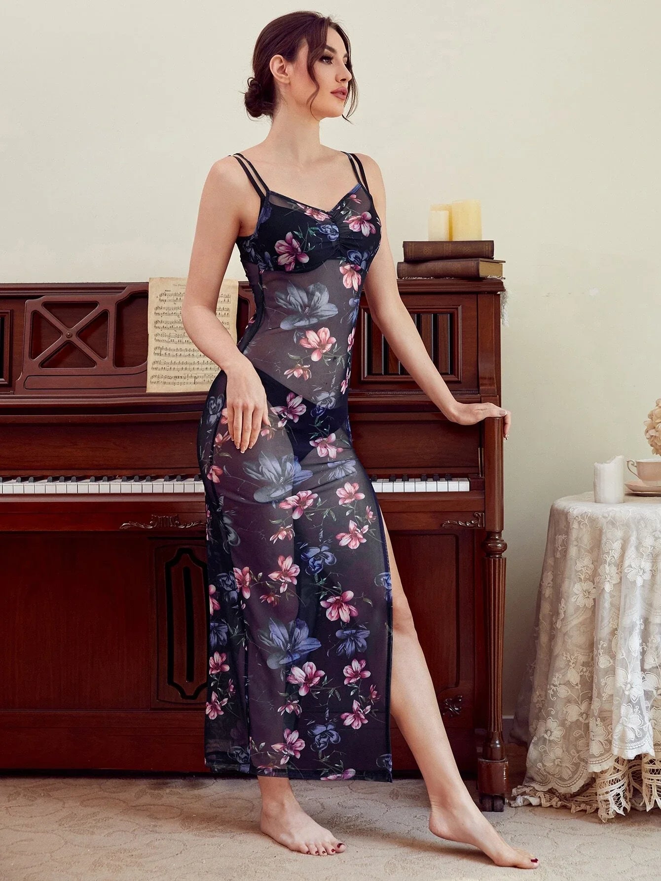 Buy SHEIN Sheer Floral Print Split Thigh Mesh Cami Night Dress in Pakistan