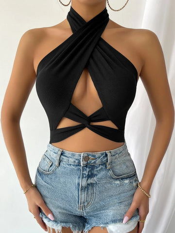 Buy SHEIN Twist Front Cut Out Crop Halter Top in Pakistan