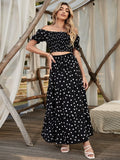 Buy SHEIN VCAY Square Neck Allover Print Shirred Puff Sleeve Crop Top & Polka Dot Print Skirt in Pakistan