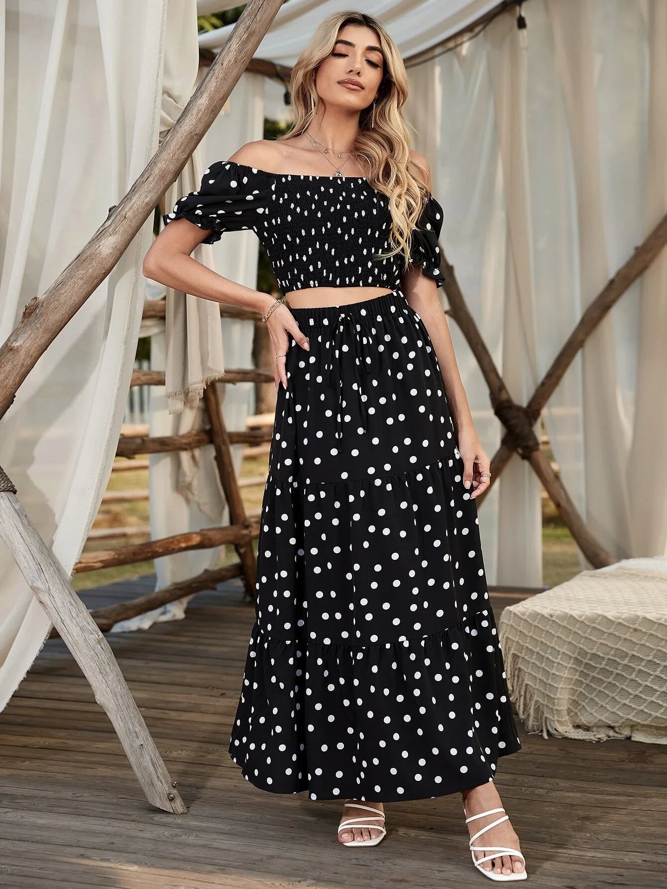 Buy SHEIN VCAY Square Neck Allover Print Shirred Puff Sleeve Crop Top & Polka Dot Print Skirt in Pakistan