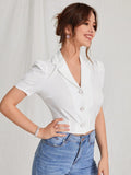 Buy SHEIN EZwear Lapel Collar Puff Sleeve Button Up Blouse in Pakistan