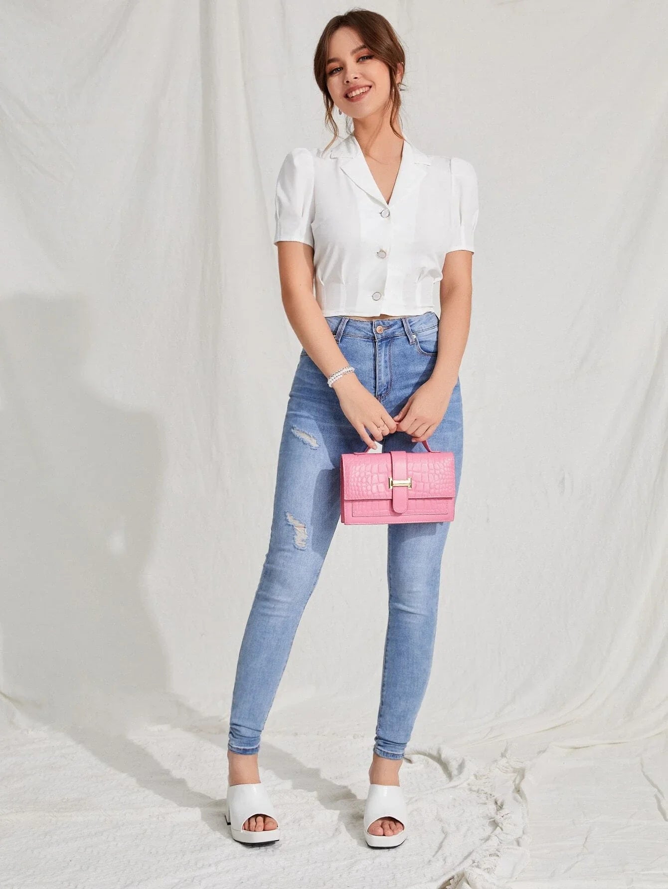 Buy SHEIN EZwear Lapel Collar Puff Sleeve Button Up Blouse in Pakistan