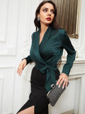 Buy Shein Shawl Collar Tie Side Satin Blouse in Pakistan
