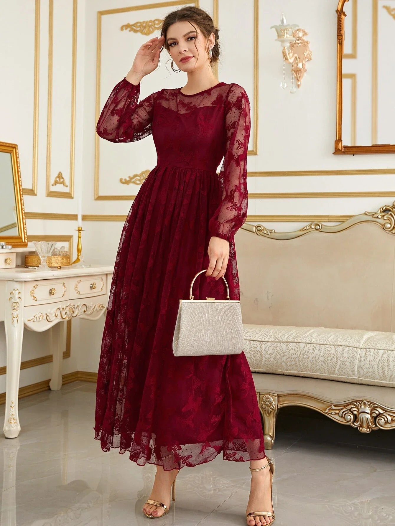 Buy SHEIN Modely Butterfly Embroidery Mesh Lantern Sleeve Dress in Pakistan