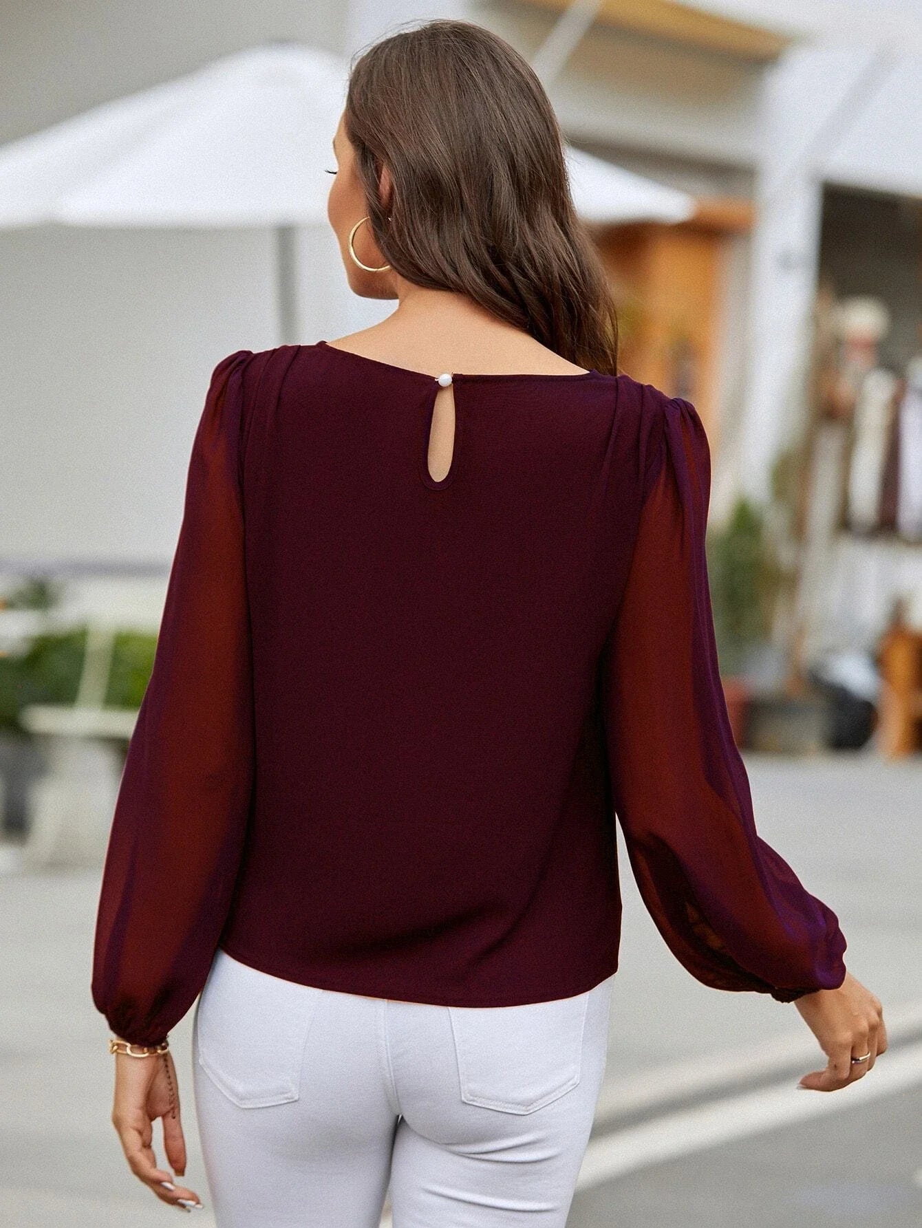 Buy Shein Lantern Sleeve Keyhole Back Blouse in Pakistan