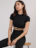 Buy evoluSHEIN Recycled Polyester Mock Neck Crisscross Tie Back Crop Tee in Pakistan