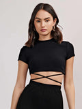 Buy evoluSHEIN Recycled Polyester Mock Neck Crisscross Tie Back Crop Tee in Pakistan