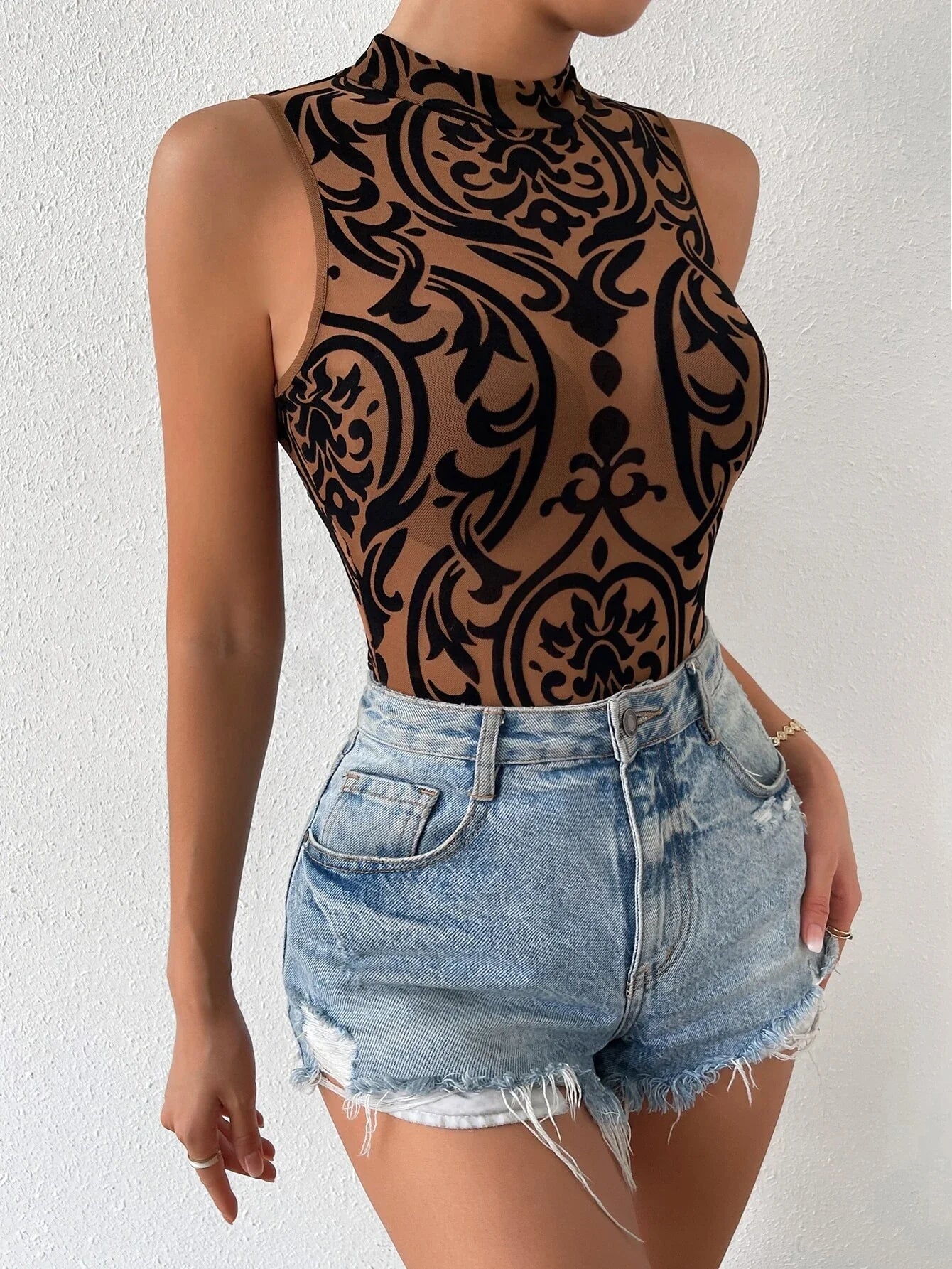 Buy Shein Baroque Print Mock Neck Bodysuit Without Lingerie Set in Pakistan