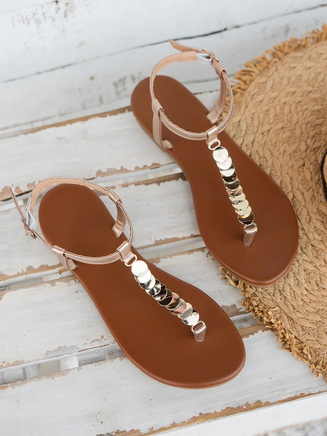 Buy SHEIN Women Metal Decor Toe Post T-Strap Sandals, Vacation Outdoor Ankle Strap Thong Sandals in Pakistan