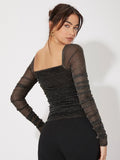 Buy SHEIN Mesh Panel Ruched Glitter Top in Pakistan