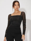 Buy SHEIN Mesh Panel Ruched Glitter Top in Pakistan