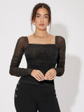 Buy SHEIN Mesh Panel Ruched Glitter Top in Pakistan