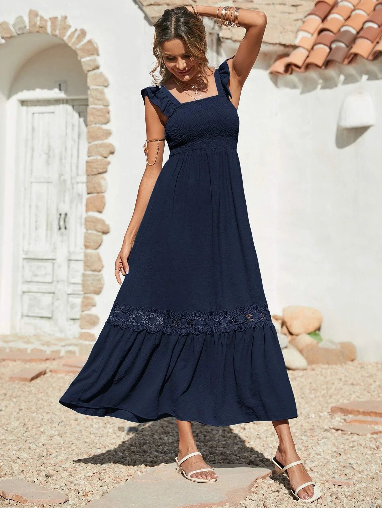 Buy SHEIN VCAY Shirred Guipure Lace Insert Ruffle Hem Dress in Pakistan