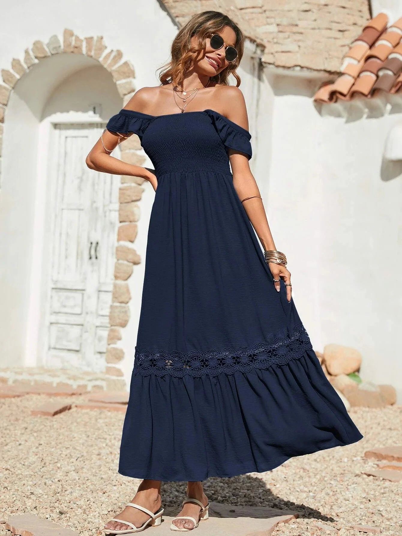 Buy SHEIN VCAY Shirred Guipure Lace Insert Ruffle Hem Dress in Pakistan