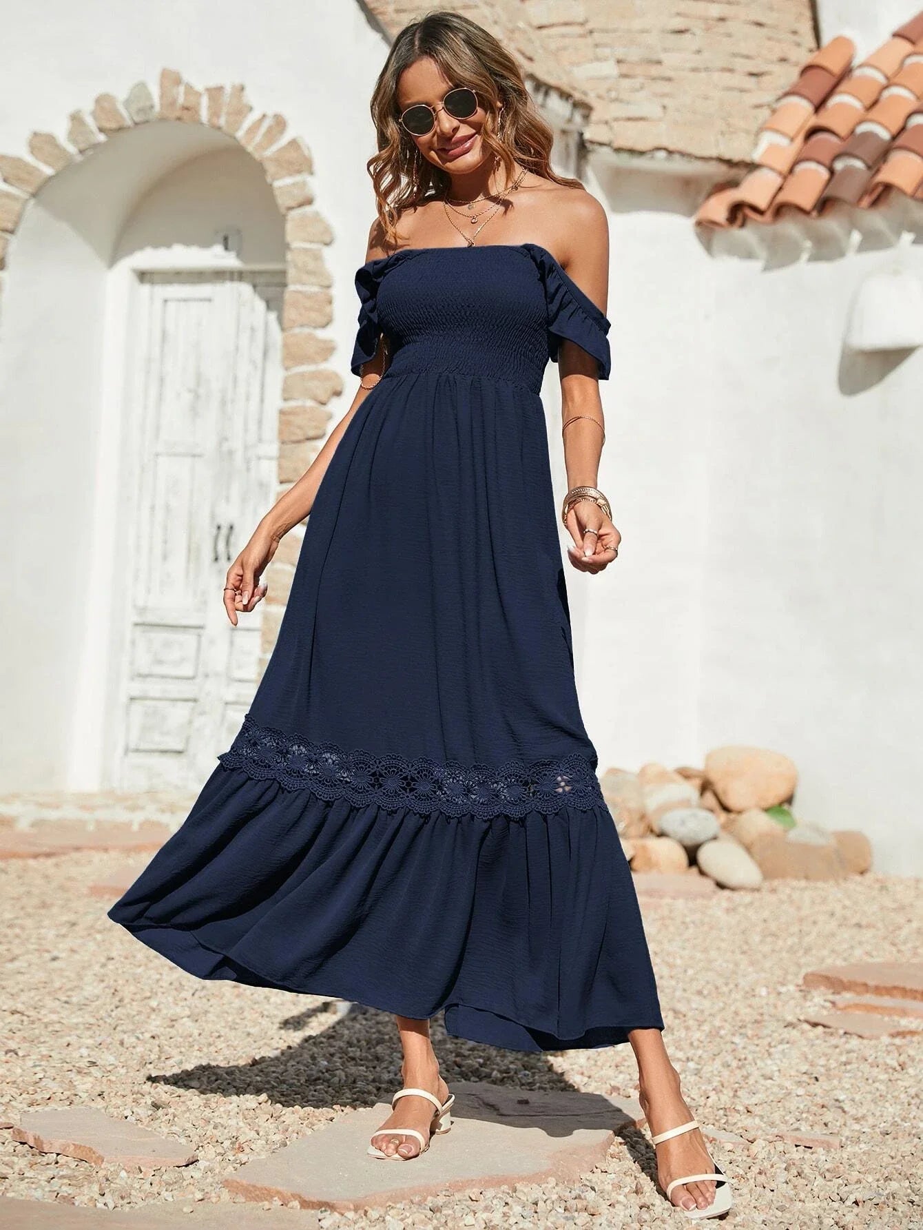Buy SHEIN VCAY Shirred Guipure Lace Insert Ruffle Hem Dress in Pakistan