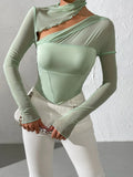 Buy SHEIN Mock Neck Lettuce Trim Contrast Mesh Top in Pakistan