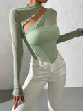 Buy SHEIN Mock Neck Lettuce Trim Contrast Mesh Top in Pakistan