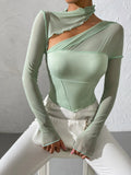 Buy SHEIN Mock Neck Lettuce Trim Contrast Mesh Top in Pakistan
