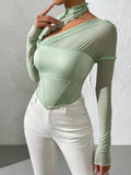 Buy SHEIN Mock Neck Lettuce Trim Contrast Mesh Top in Pakistan