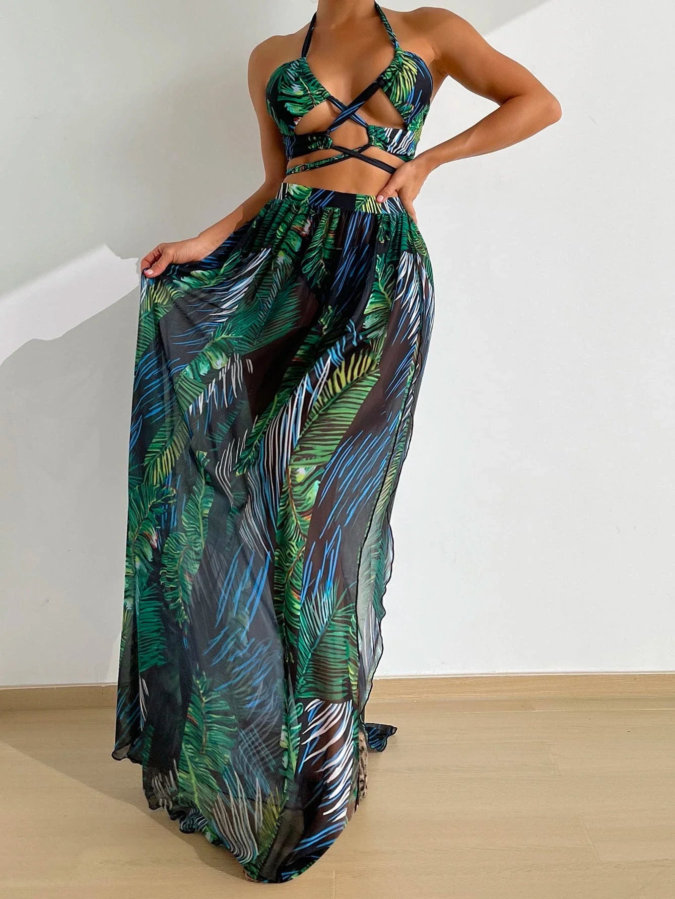 Buy SHEIN Palm Leaf Print Criss Cross Halter Bikini Swimsuit in Pakistan