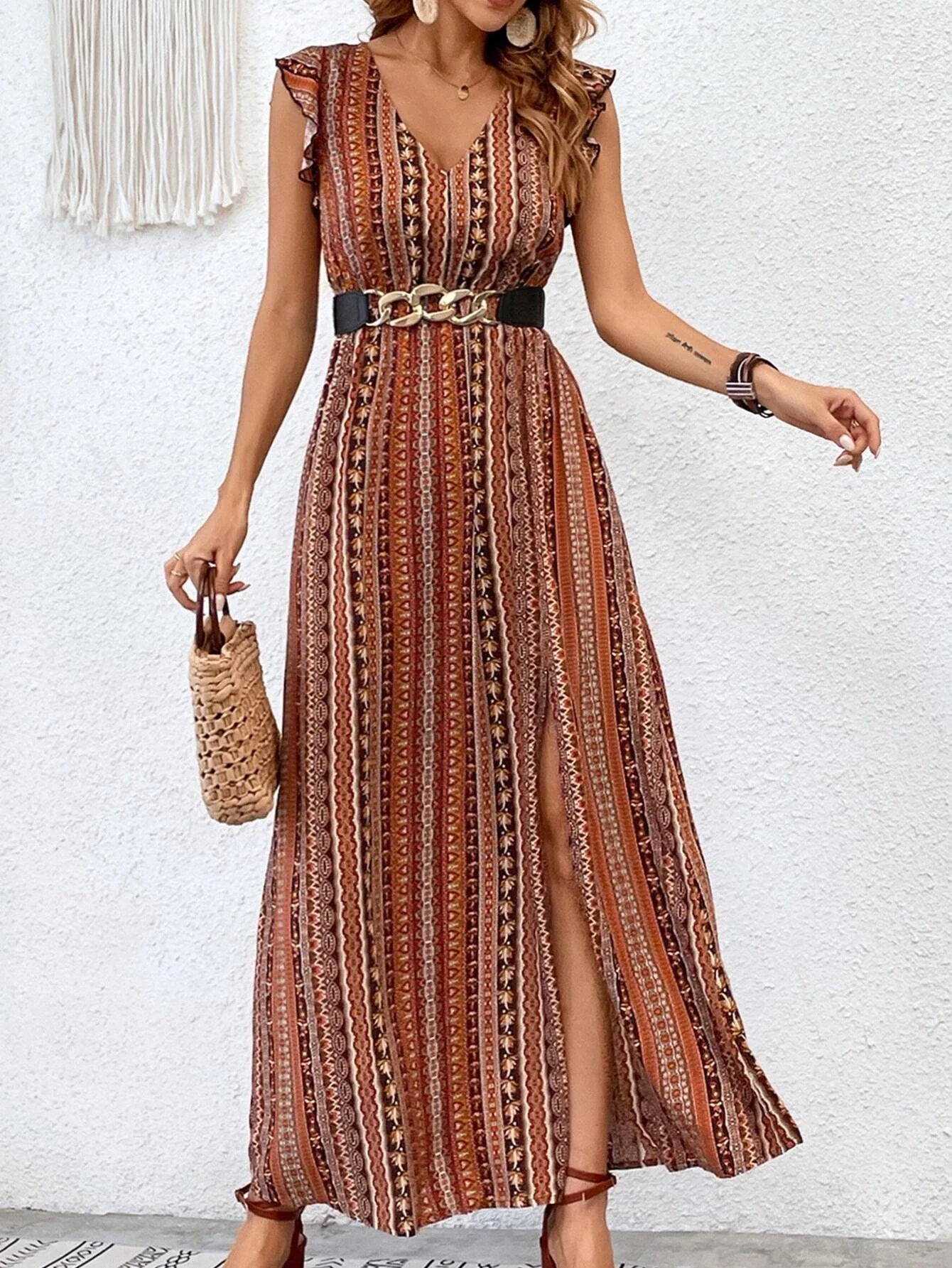 Buy SHEIN Geo & Floral Print Ruffle Trim Split Thigh Dress Without Belt in Pakistan