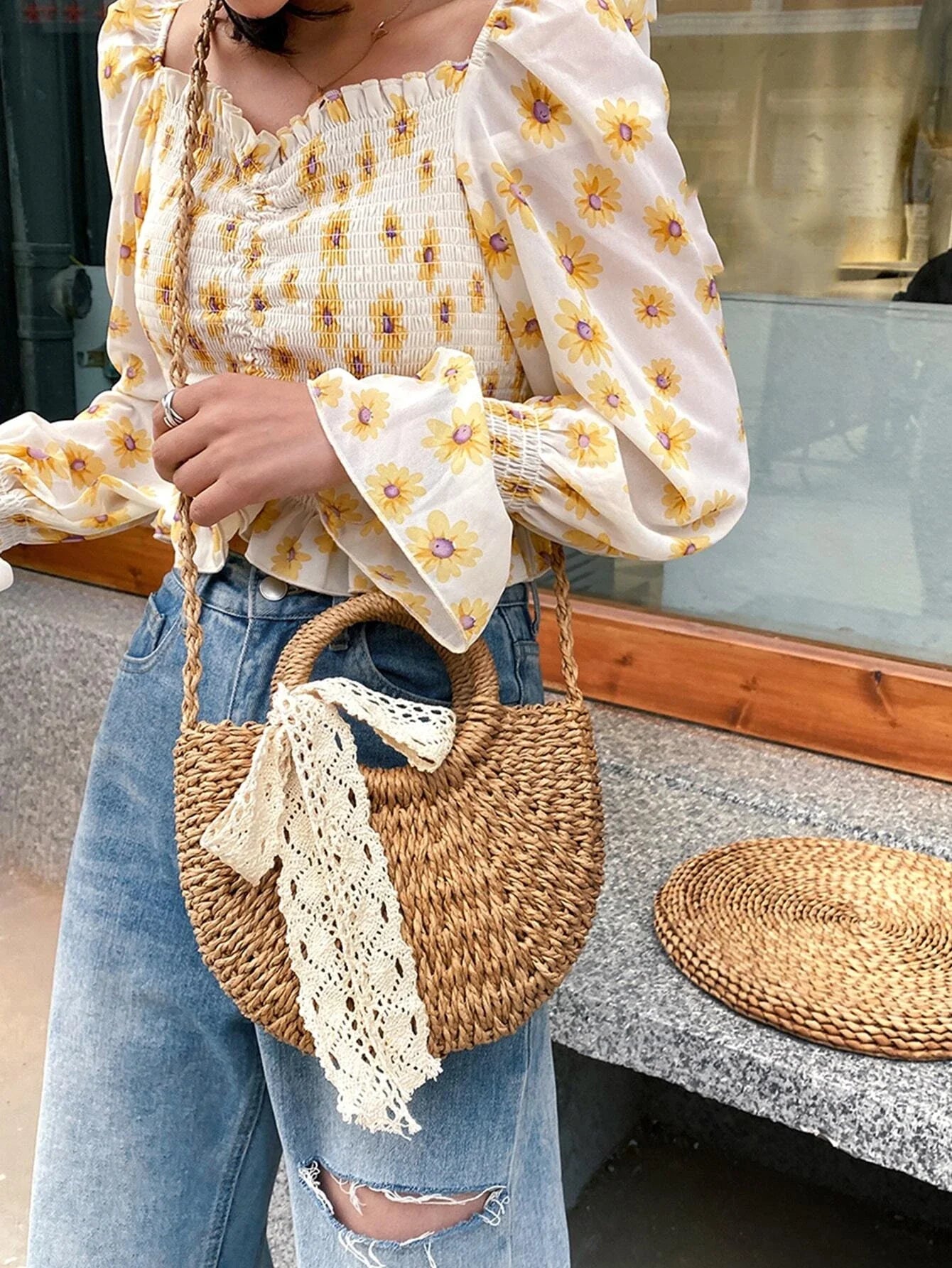 Buy SHEIN Lace Up Decor Straw Bag in Pakistan