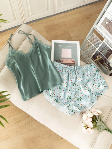 Buy SHEIN Floral Print Lace Detail Tie Front Satin PJ Set in Pakistan