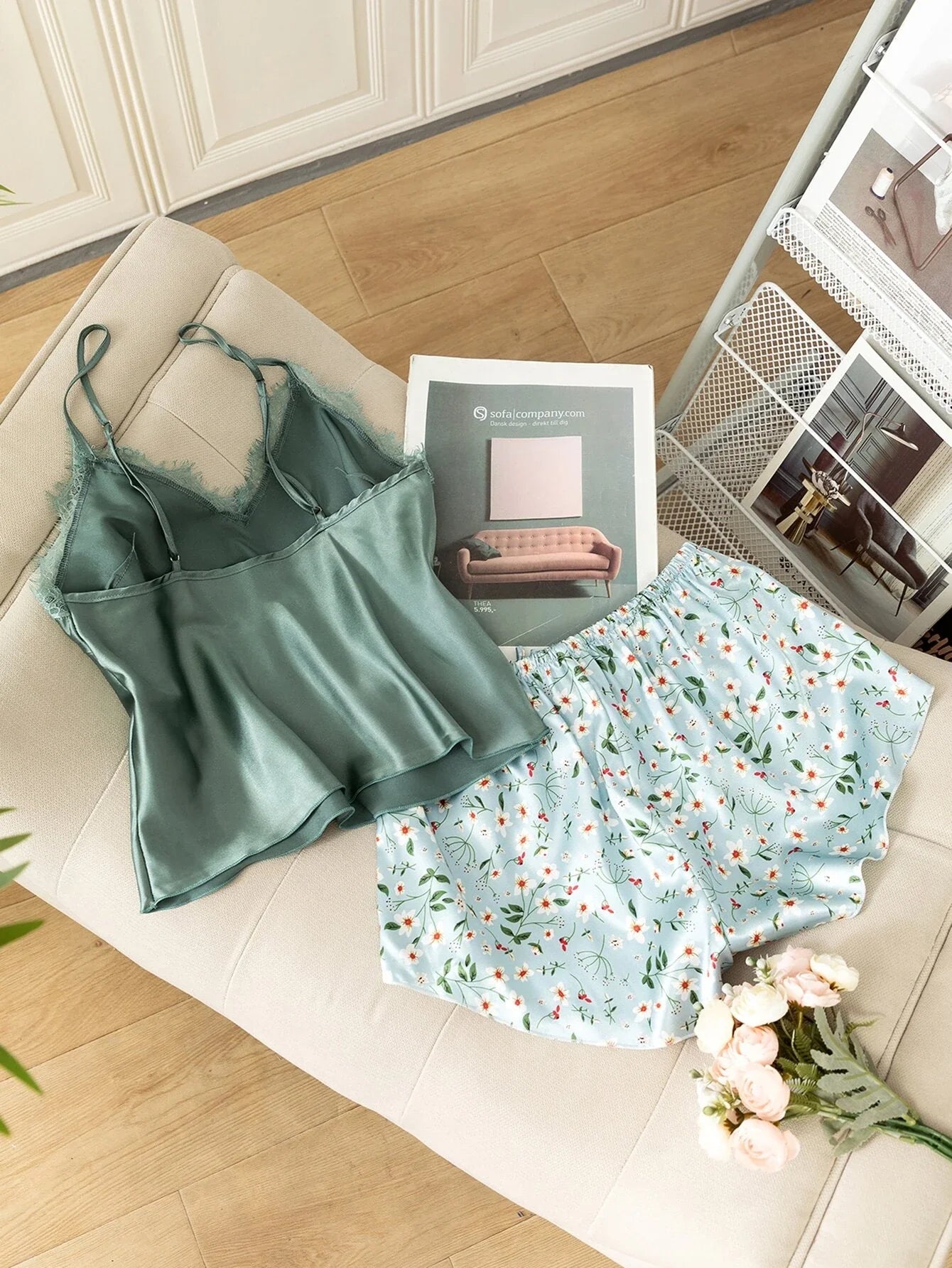Buy SHEIN Floral Print Lace Detail Tie Front Satin PJ Set in Pakistan