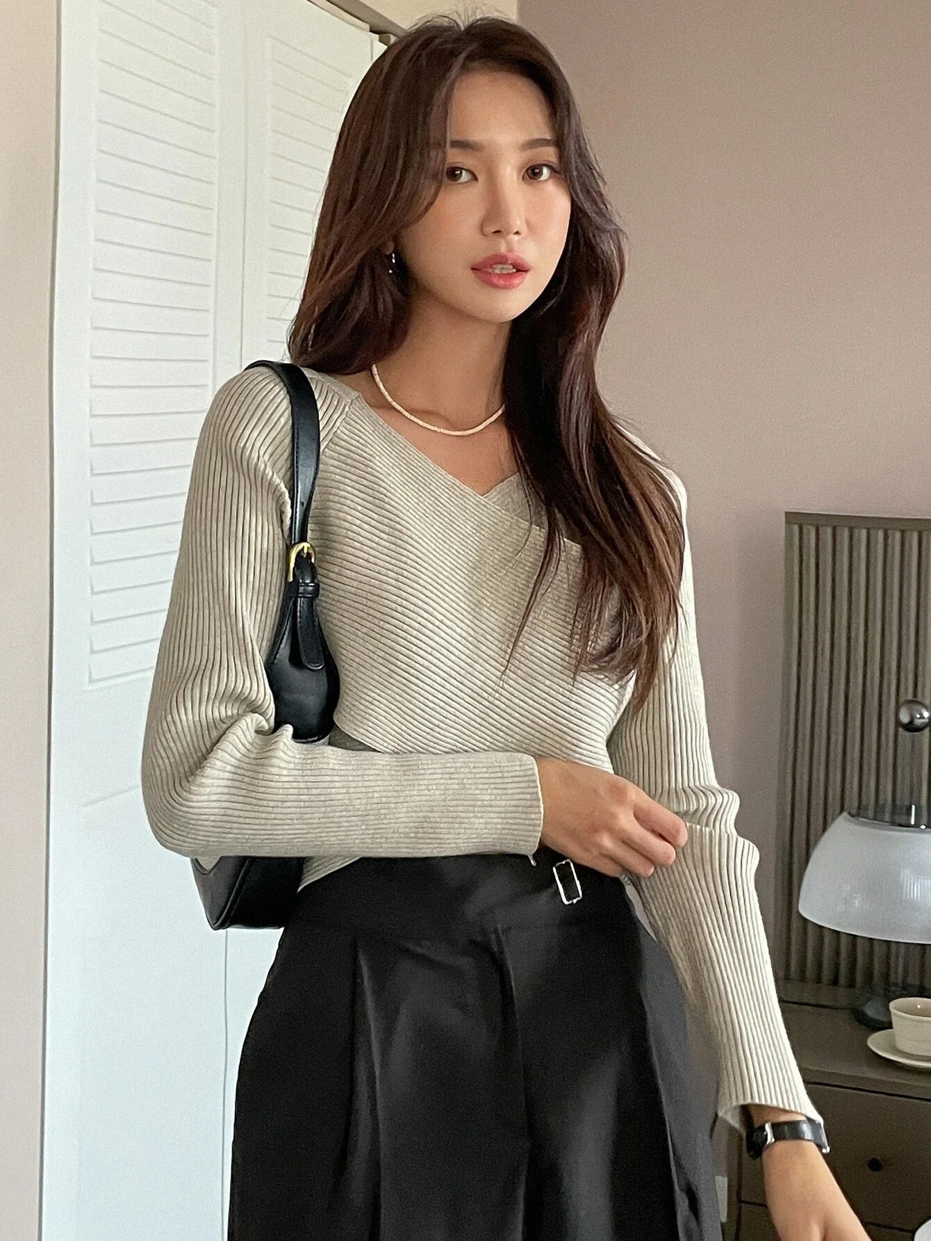 Buy Shein DAZY Rib-knit Wrap Cross Raglan Sleeve Crop Sweater in Pakistan