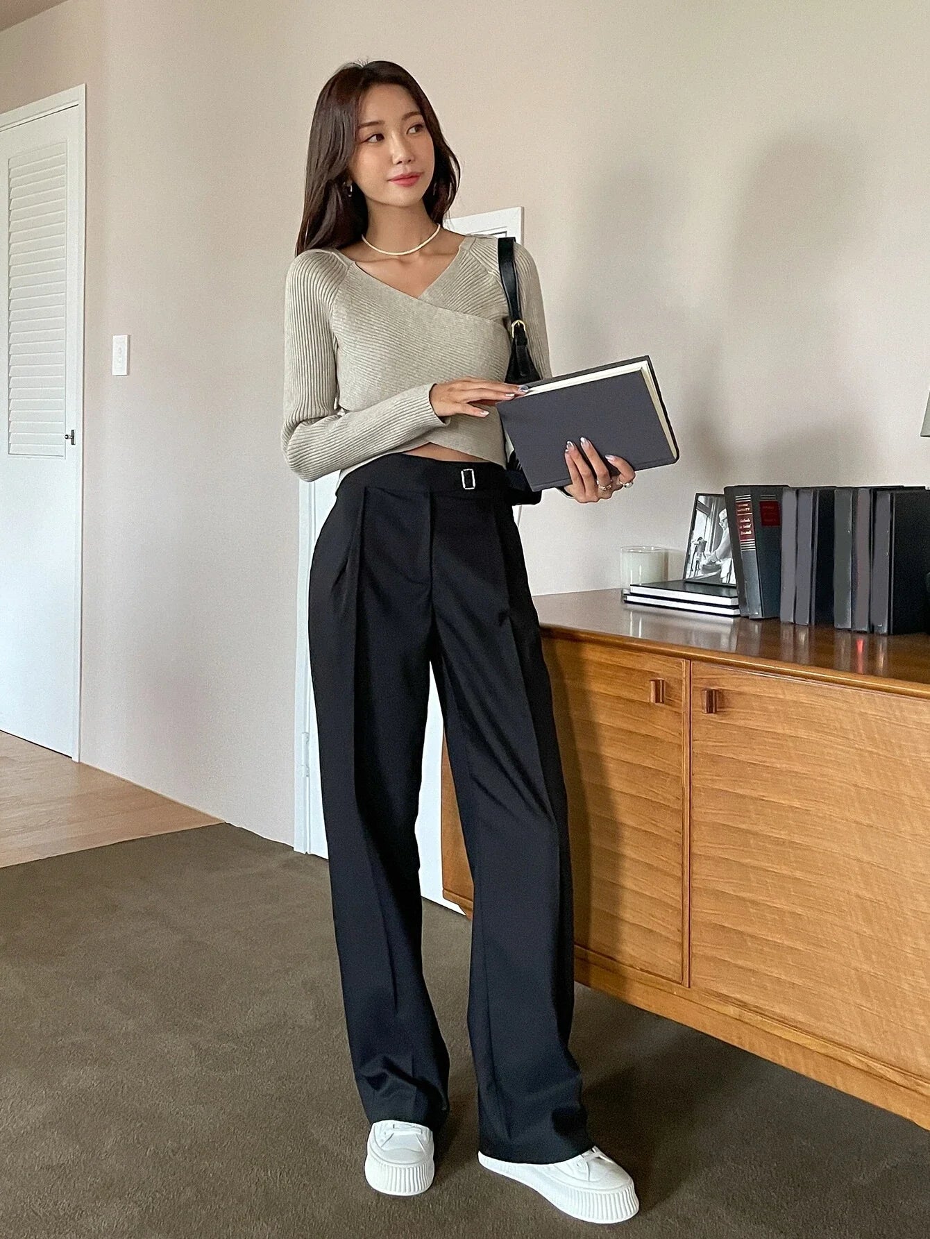 Buy Shein DAZY Rib-knit Wrap Cross Raglan Sleeve Crop Sweater in Pakistan