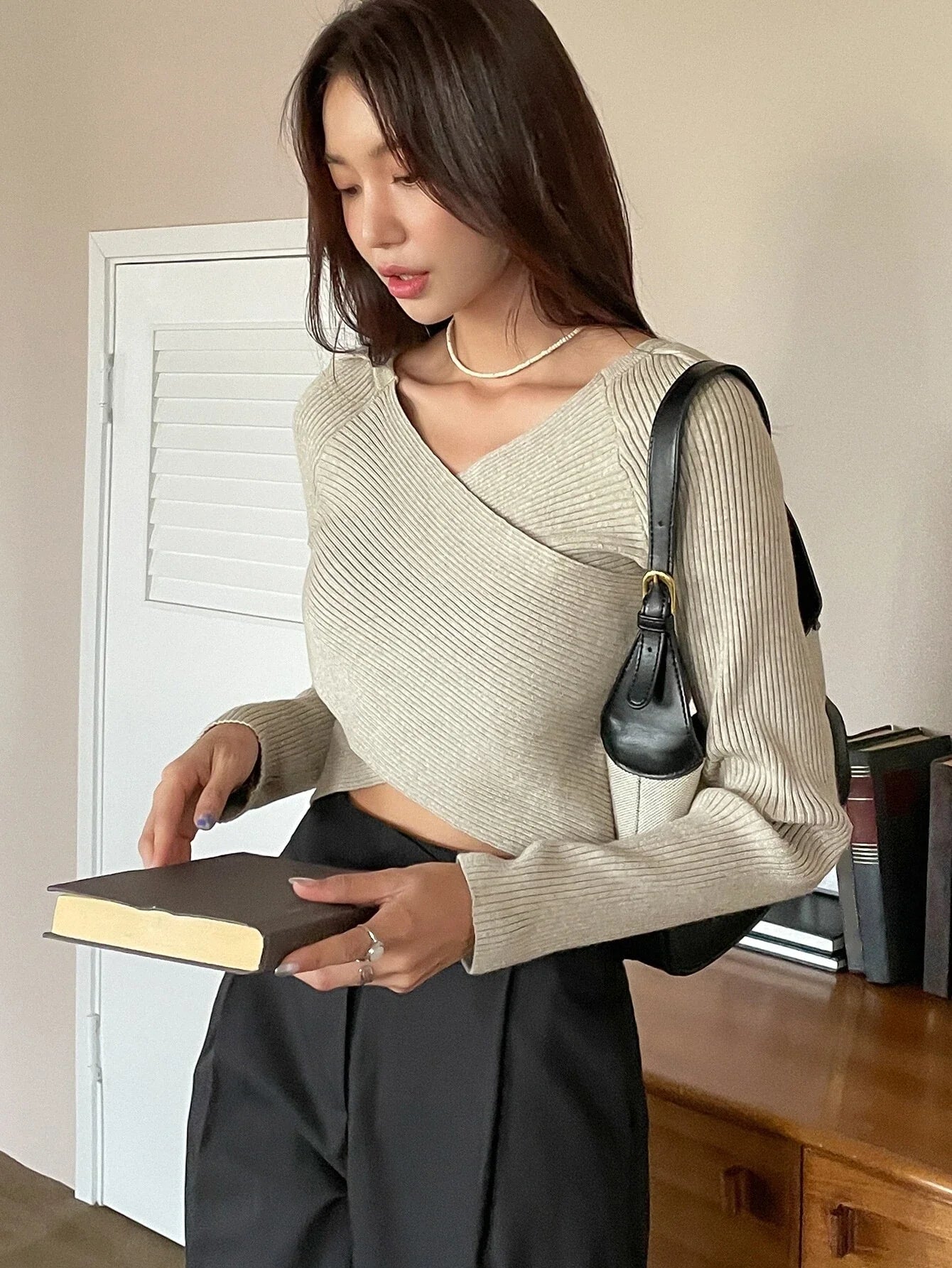 Buy Shein DAZY Rib-knit Wrap Cross Raglan Sleeve Crop Sweater in Pakistan