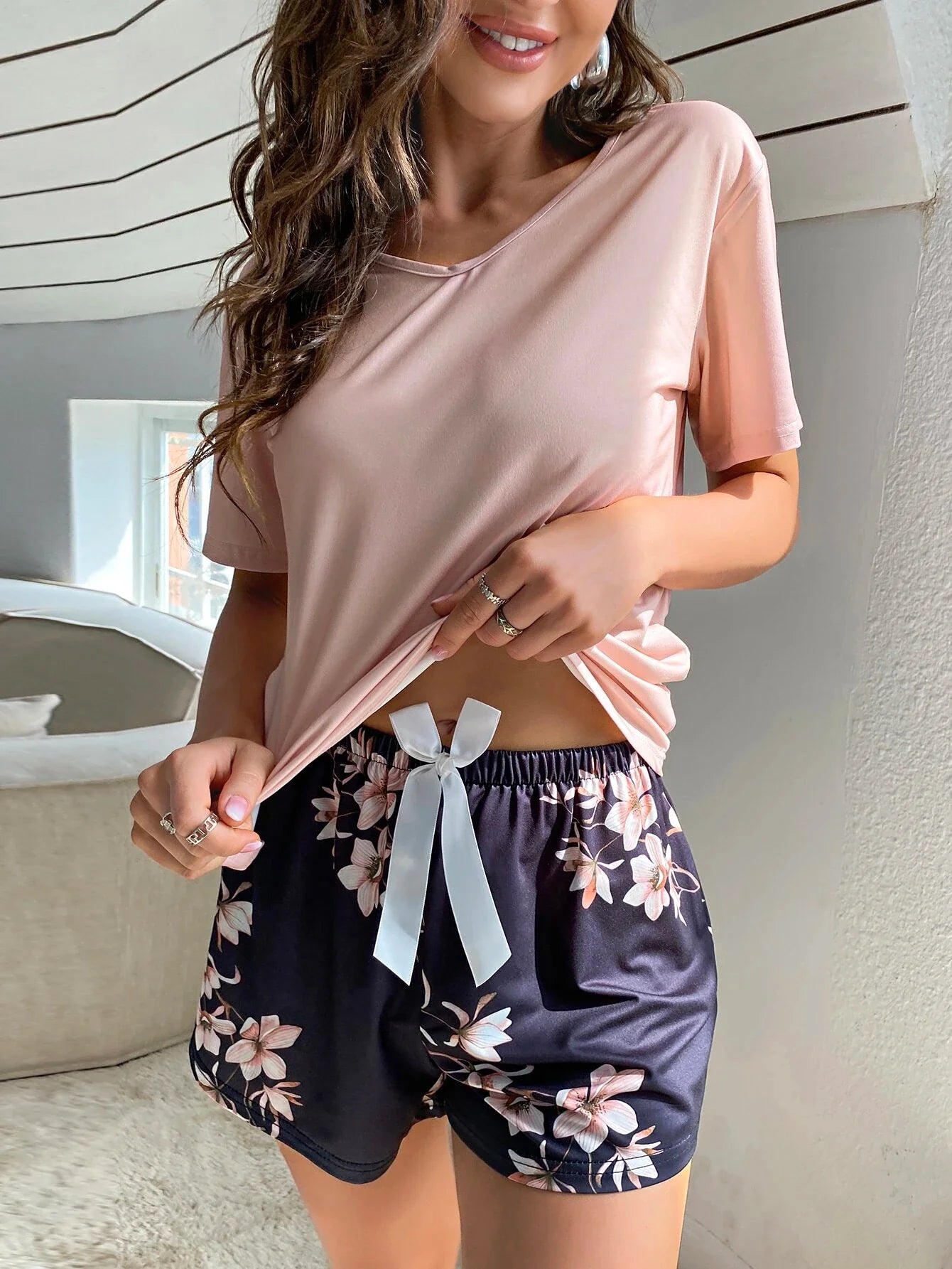 Buy SHEIN Floral Print Tie Front PJ Set in Pakistan