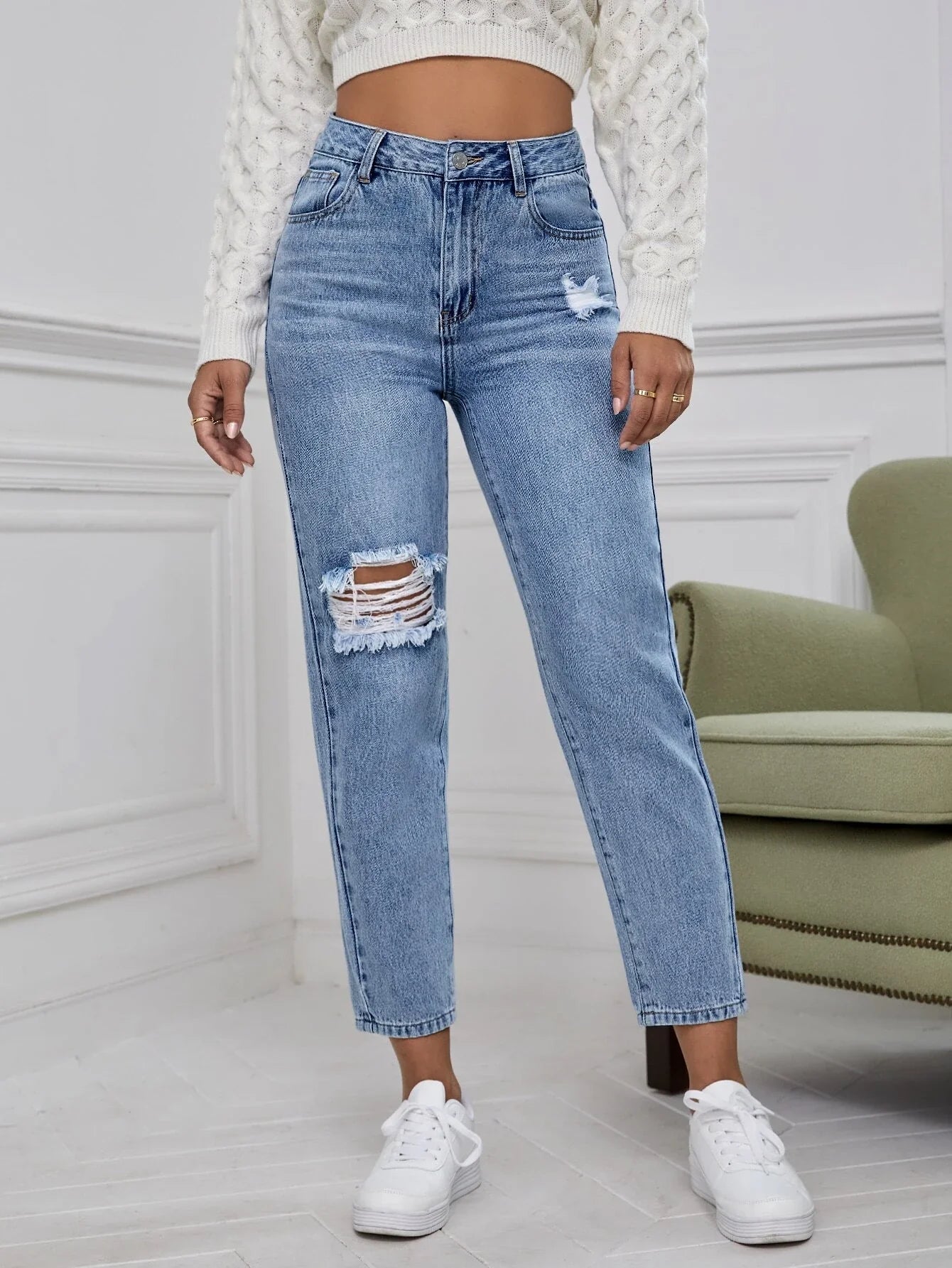Buy SHEIN High Waist Ripped Mom Fit Jeans in Pakistan