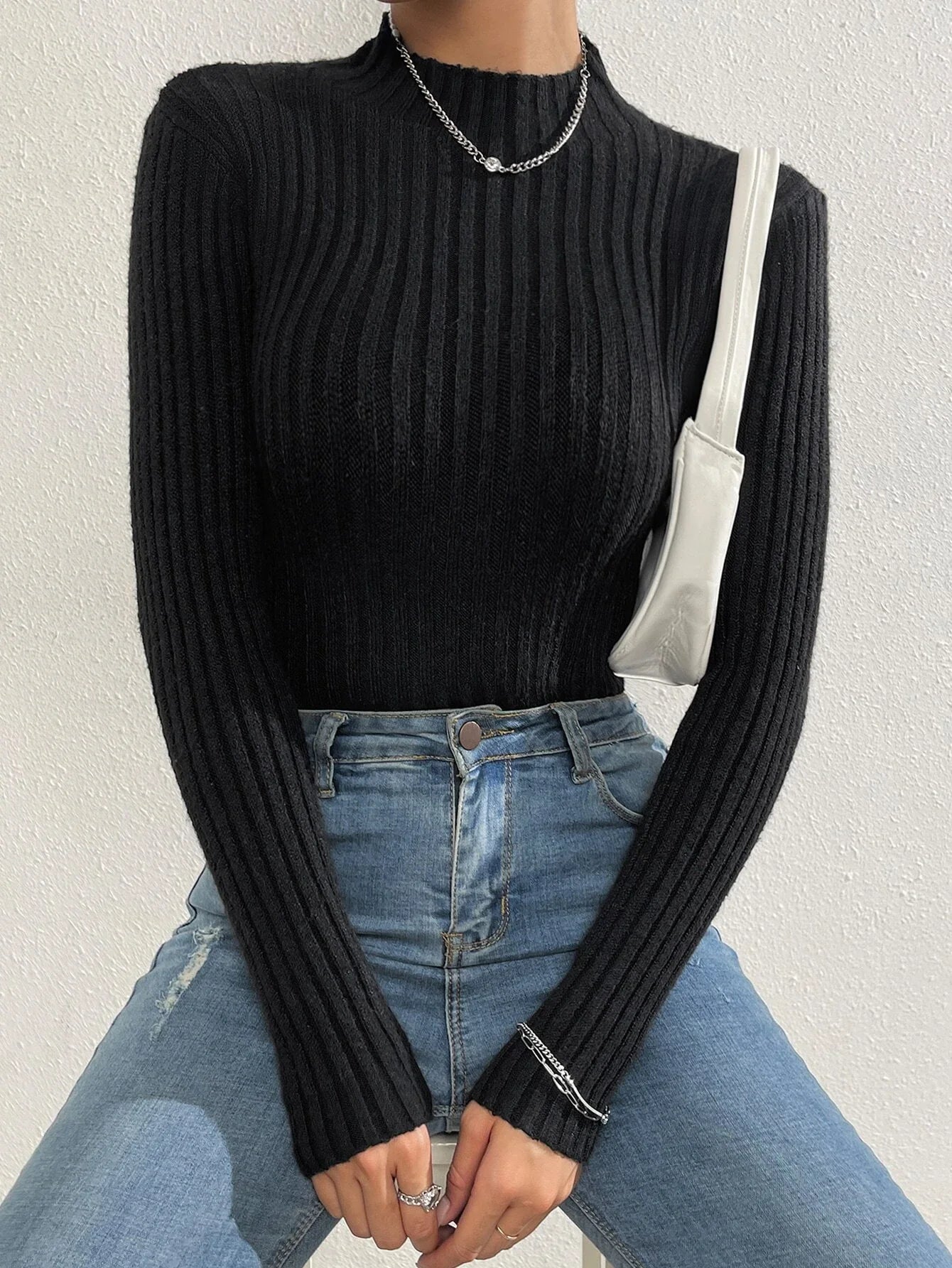 Buy SHEIN Solid Stand Collar Sweater in Pakistan