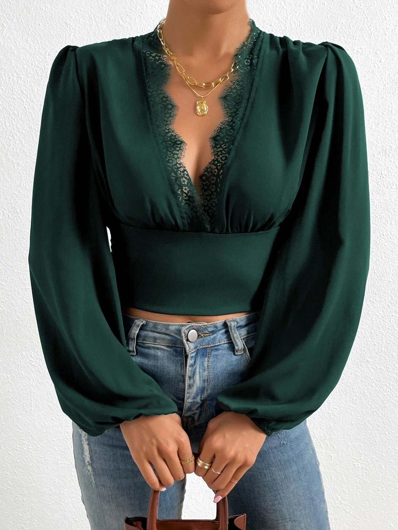 Buy SHEIN Frenchy Contrast Lace Lantern Sleeve Crop Top in Pakistan