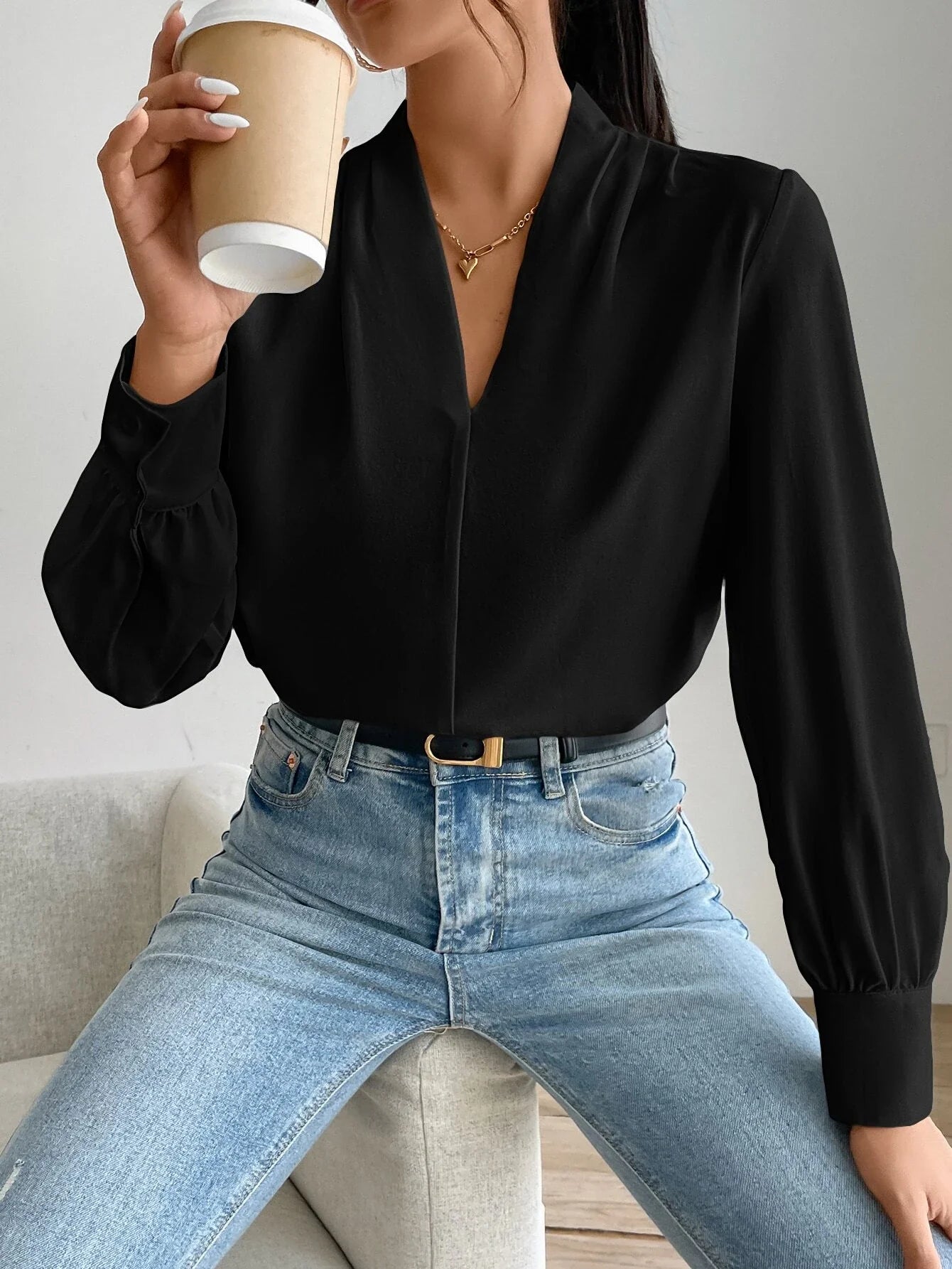 Buy SHEIN Solid Bishop Sleeve Blouse in Pakistan