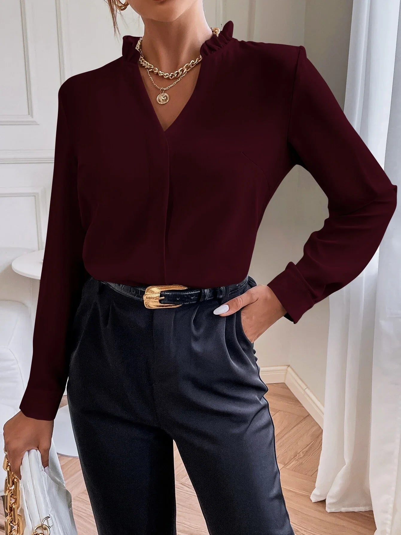 Buy Shein Solid Notched Neck Shirt in Pakistan