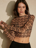 Buy SHEIN Allover Print Mock Neck Crop Mesh Top in Pakistan