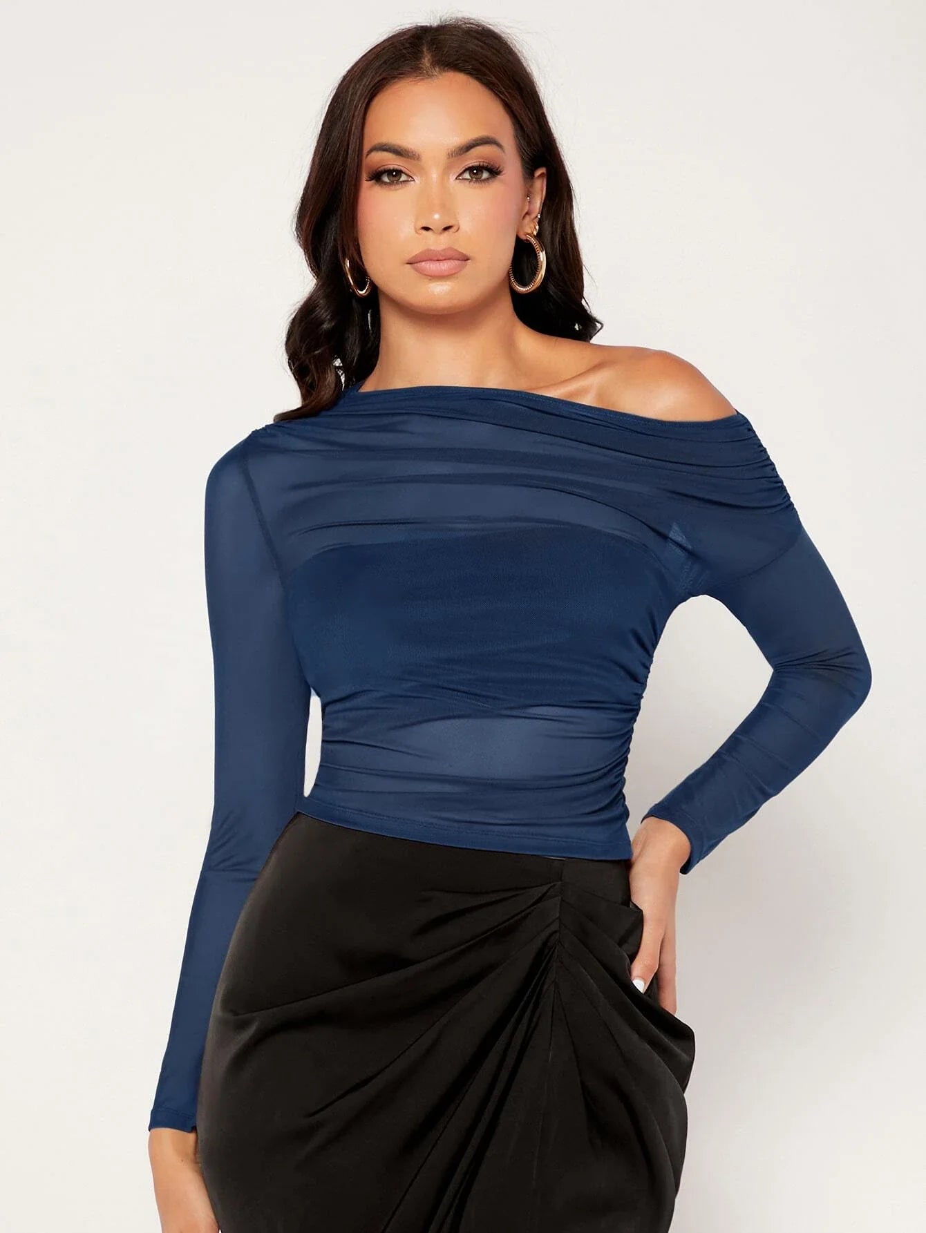 Buy SHEIN Unity Asymmetrical Neck Ruched Mesh Top in Pakistan