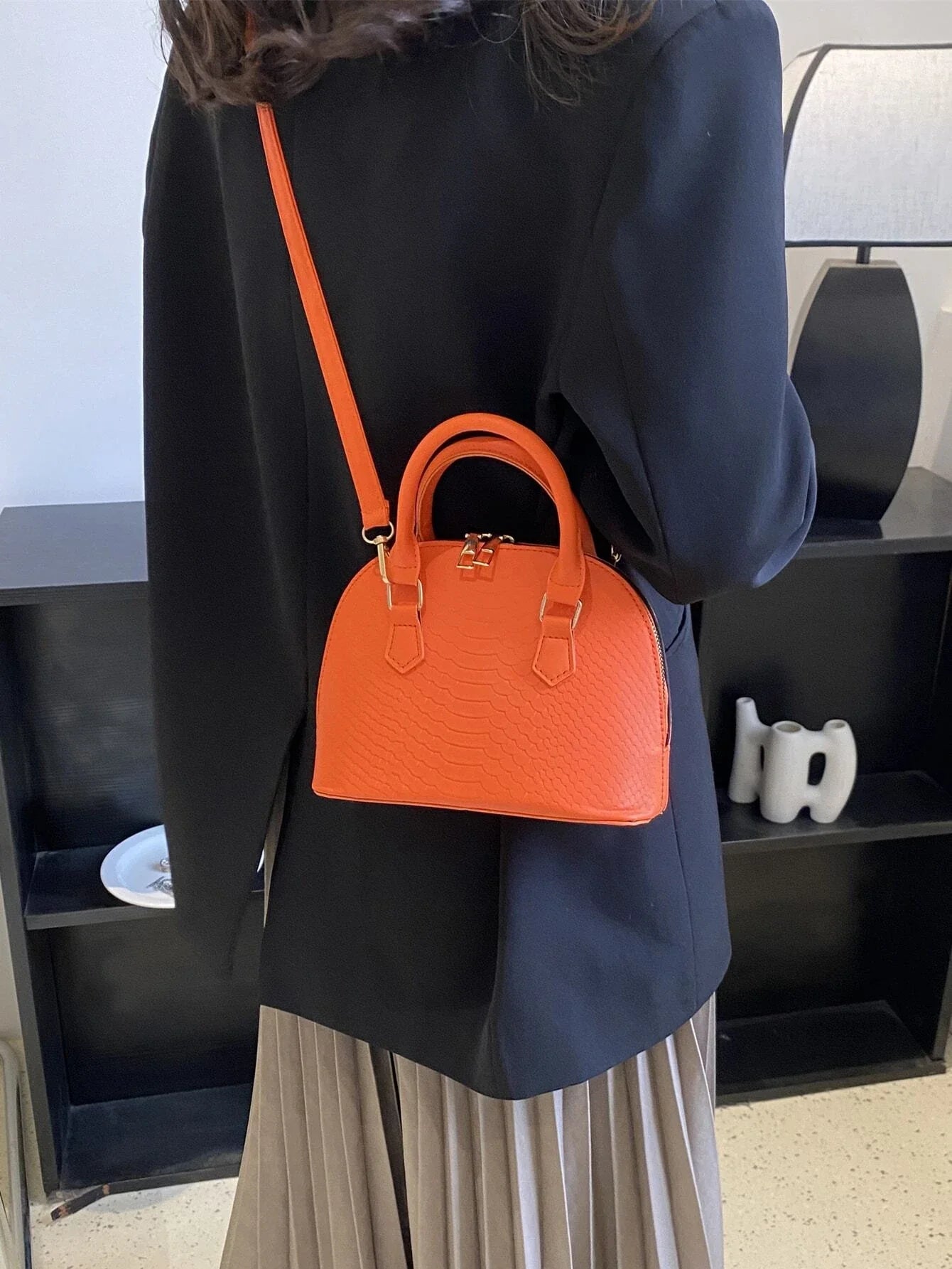 Buy SHEIN Neon Orange Snakeskin Embossed Dome Bag in Pakistan