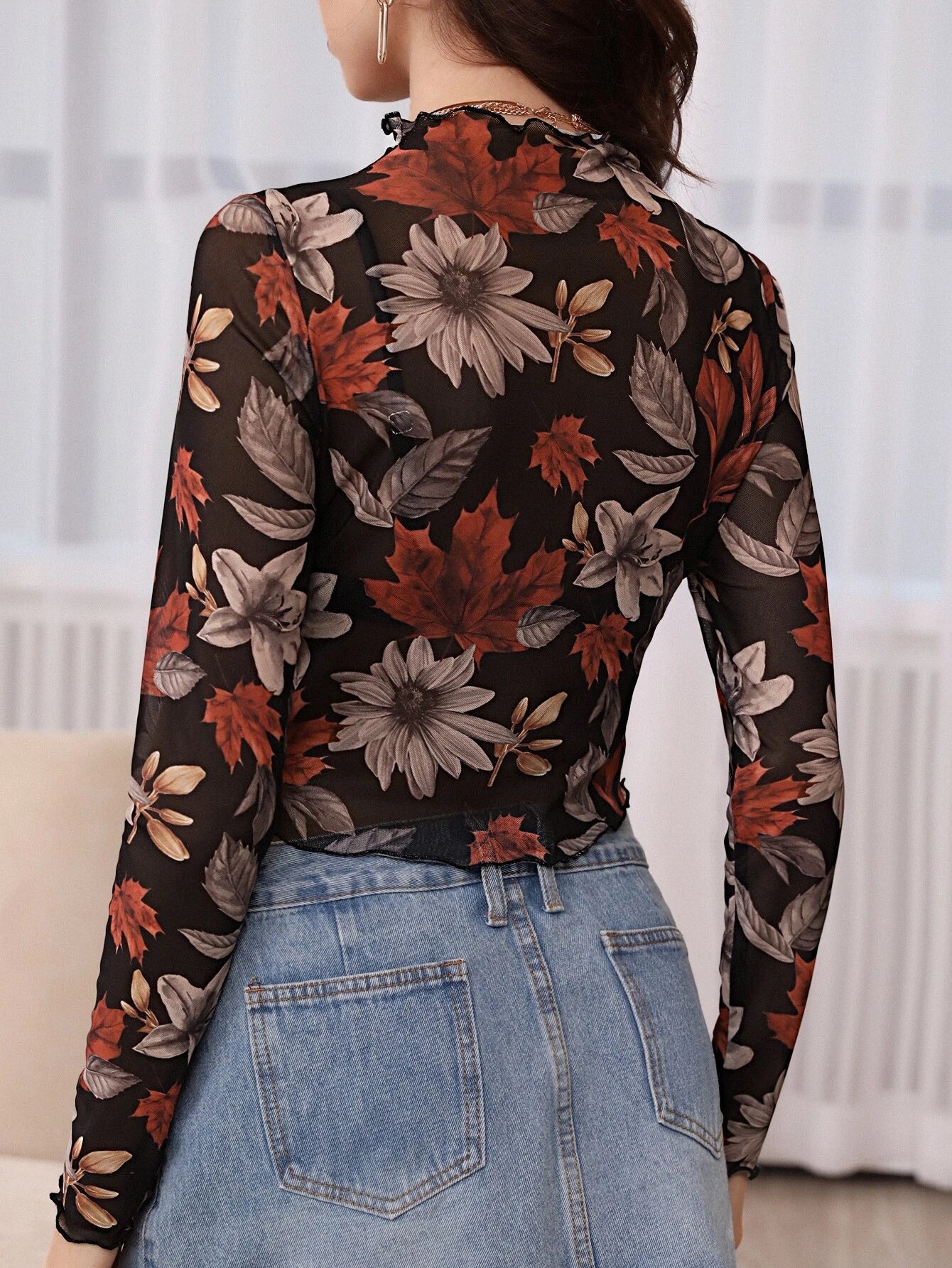 Buy SHEIN Unity Floral Print Lettuce Trim Crop Mesh Top Without Bra in Pakistan