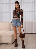 Buy SHEIN Unity Floral Print Lettuce Trim Crop Mesh Top Without Bra in Pakistan