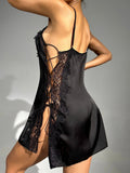 Buy SHEIN Contrast Lace Satin Slip Night Dress & Belted Robe PJ Set in Pakistan