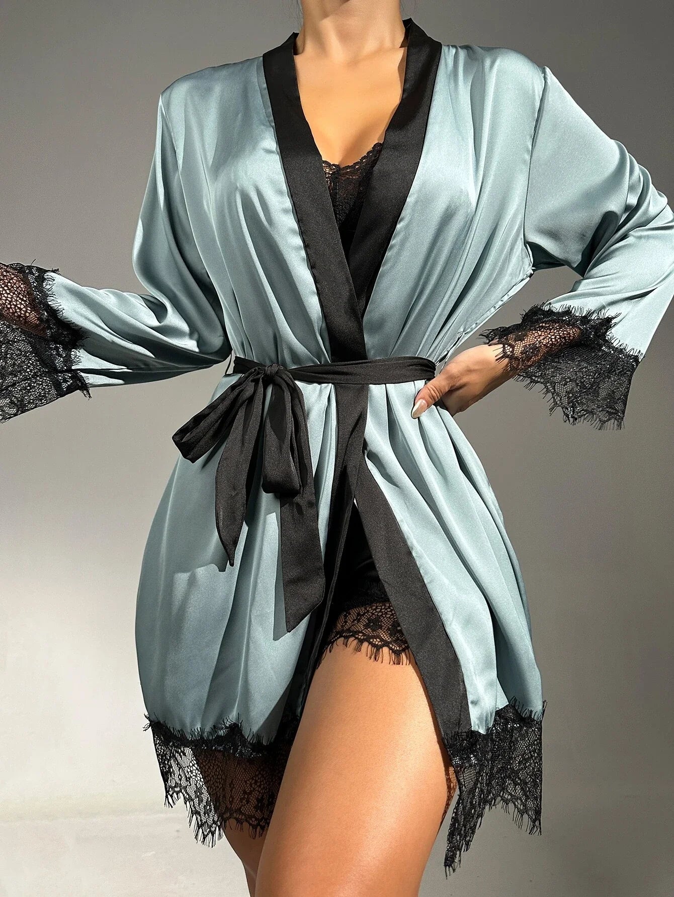 Buy SHEIN Sheer Lace Cami With Belted Robe & Shorts Night Set in Pakistan