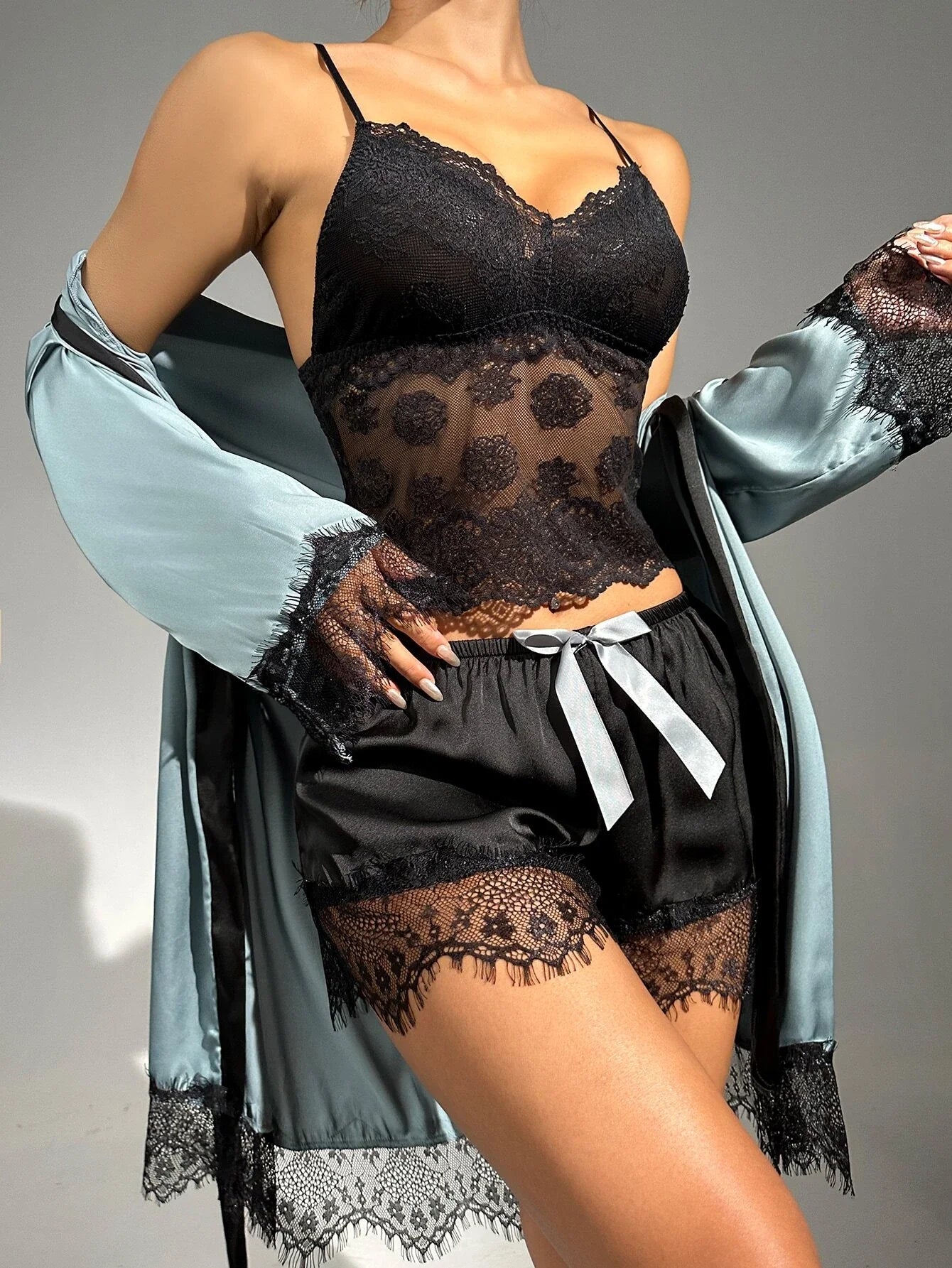 Buy SHEIN Sheer Lace Cami With Belted Robe & Shorts Night Set in Pakistan
