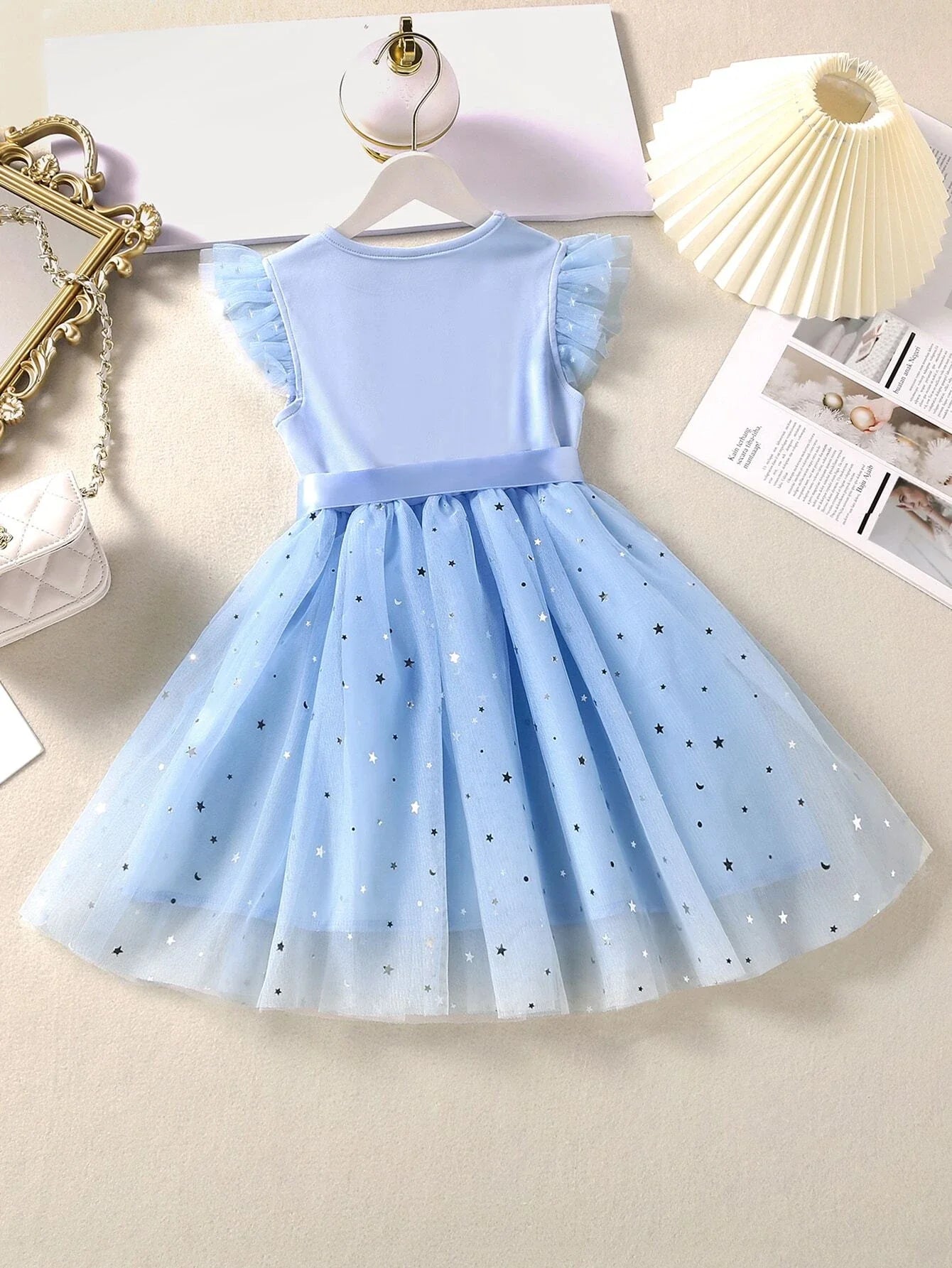 Buy SHEIN Toddler Girls Star Mesh Ruffle Trim Belted Dress in Pakistan