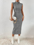 Buy SHEIN Privé Houndstooth Print Mock Neck Sleeveless Bodycon Dress in Pakistan